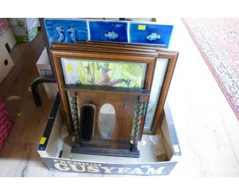 Box of pictures and prints, mirrors, Pears advertising board and ceramic plaque decorated with fish