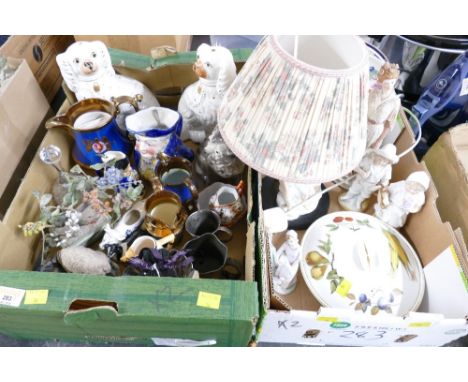 Two boxes of Staffordshire dogs, figurines, character jugs, animal ornaments, lamp, Royal Worcester lidded dish  