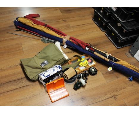 Bundle of fishing rods, landing nets and box of fishing tackle, reels and accessories to include an ABU 444A.