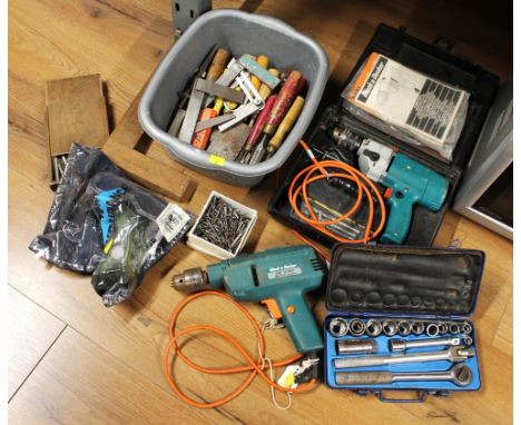 Box of socket set, chisels, tools, bag of goggles, Black & Decker drill