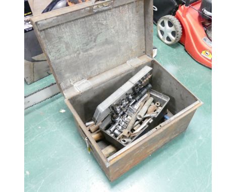 Metal deed or document box and hand tools 
