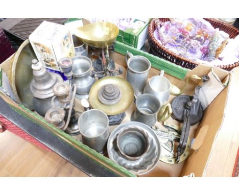 Box of pewter tankards, Avery scales, metal candelabra, bean slicer, Cadbury's tin etc