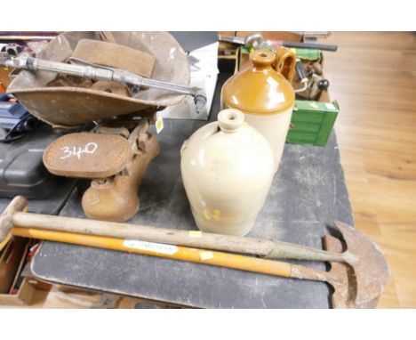 Antique Avery scales, two stoneware brewery bottles and two edging tools
