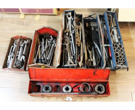 Three vintage metal toolboxes, spanners and hand tools