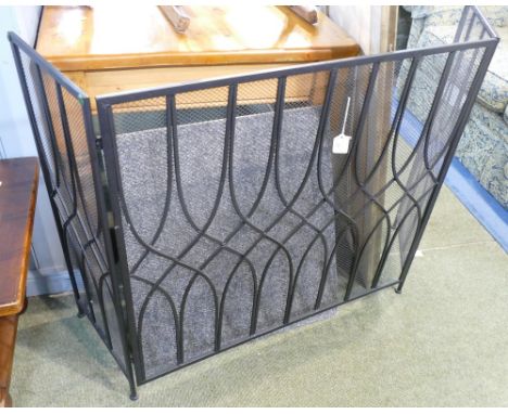 Large black metal fireguard, 82 cm high x 153 cm long fully extended, and carpeted wooden ramp 