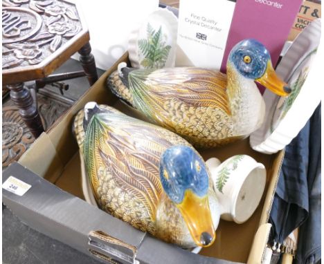 Two large ceramic lidded duck egg holders, two Royal Winton pottery flan dishes, boxed Dartington and Luigi Bormioli decanter