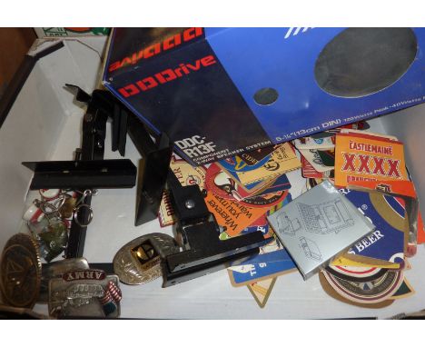 Alpine DC-R13F two way speaker system, small selection of beer mats, TV wall brackets, belt buckles etc.