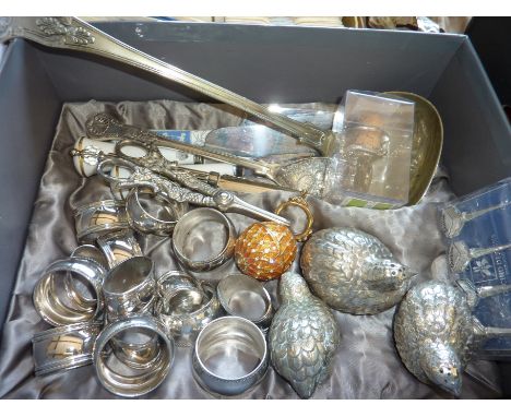 Small selection of silver plate including grouse condiments, napkin rings, ladle etc. 