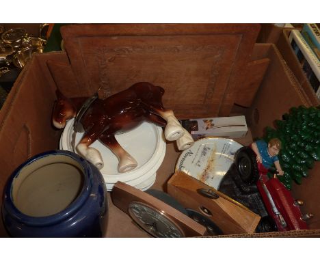Two boxes of assorted mixed ceramics, glass including Beswick style shire horse and hand made cart, Mason's tea cups and sauc