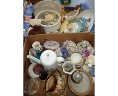 Two boxes of decorative ceramics including Royal Worcester ramekins, copper lustre jug 'Petticoats and Pantaloons' plates, We