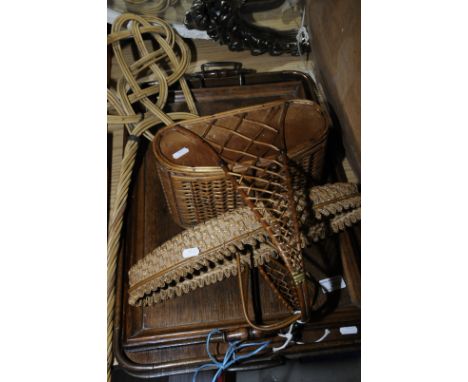 Two wooden trays, two wicker baskets and a carpet beater 