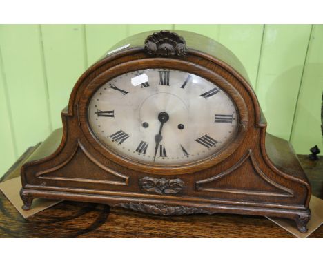 Large oak cased steel faced mantel clock 