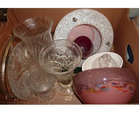 1950s mottled glass lamp shade, various glass vases including a Strathean glass bowl etc.