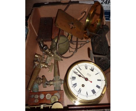 Smiths Astrall brass bulk head clock, boxed weights and scales, brass pumps, pocket scale etc.