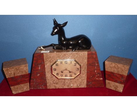 Art Deco marble cased mantel clock by C. Metra, crested with spelter figure of a doe deer, with striking movement and pair of