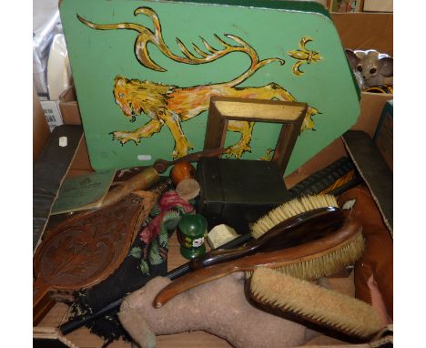 Box of assorted collectables including two hand painted wooden shields, RAF service and release book, Box Brownie camera, tap