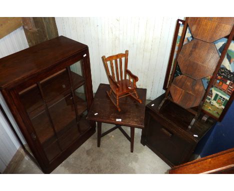 Oak glass fronted bookcase, coffee table, drop front cupboard, cake stand, tapestry fire screen and small decorative rocking 