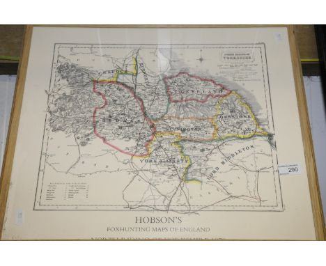 Framed map print entitled Hobson's Fox Hunting Maps of England, North Riding of Yorkshire 1870 