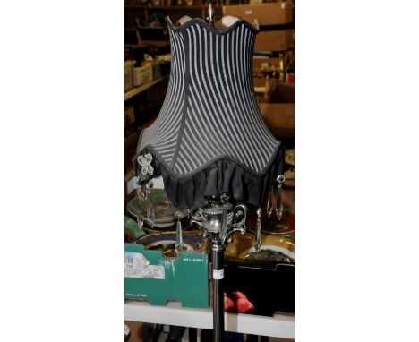 Brushed steel standard lamp with fabric shade with crystal droplets