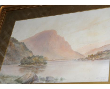 Gilt framed watercolour depicting lake scene with mountainous landscape by R. C. Graham 1913