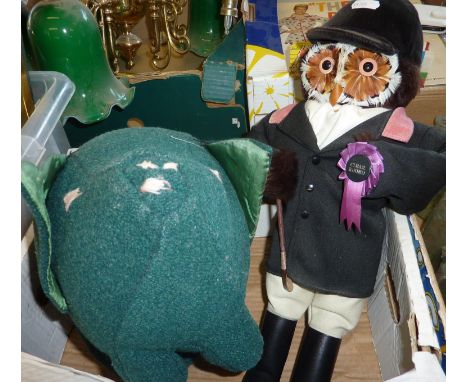 Owl soft toy dressed in hunting attire with feather detail to face and upholstered pig