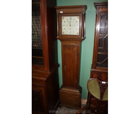 A simple Georgian Oak country Longcase Clock having moulded square from hood with brass topped, turned column supports flanki