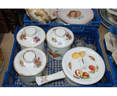 A quantity of Royal Worcester 'Evesham' pattern china including three lidded jars, lidded pan and egg Coddlers.