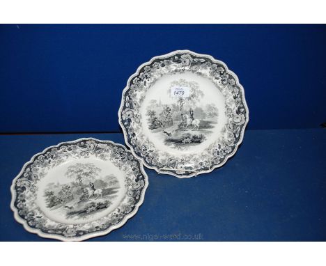 A pair of early Staffordshire black and white transfer printed Plates with hunting scene.