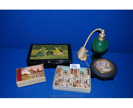 A green glass Scent Bottle, Dubarry box, playing cards, etc.