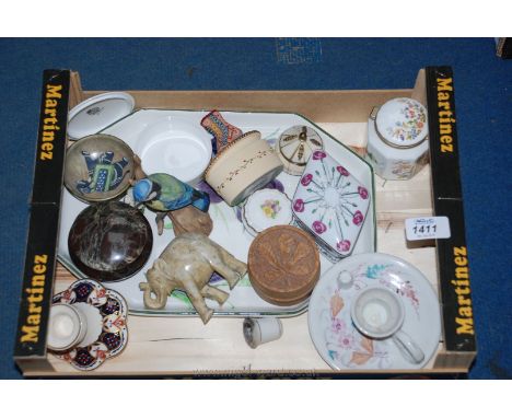 A quantity of trinket pots including Coalport, Aynsley and Royal Worcester, chamberstick, dressing table tray, bird and other
