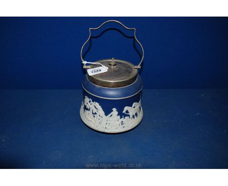 A Blue Jasperware Hunting Scene Biscuit Barrel by Adams of Tunstall.