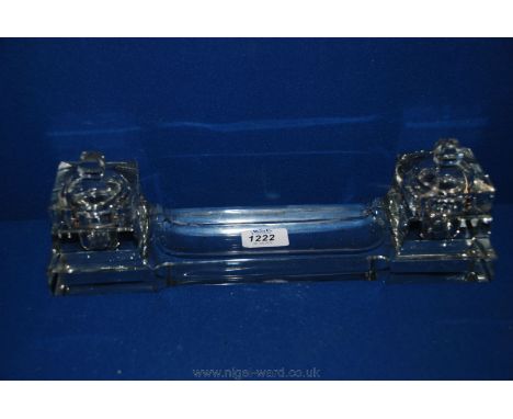 A vintage cut crystal Inkwell/Desk Stand with pen holder and original wells and lids.