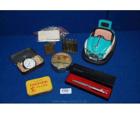 A Dodgem Alarm clock, personalised Parker pen, tobacco box, Smiths pocket watch, etc.