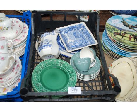 A quantity of china including six Royal Worcester Crown ware tea plates, three blue and white Teapot stands, milk jug and two