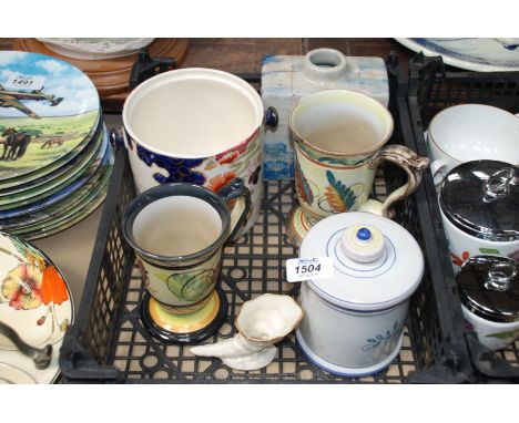 Two Studio pottery Mugs by Glyn Colledge, lidded jar, biscuit barrel a/f and a modern ceramic Bottle with landscape decoratio