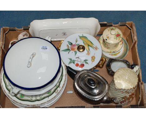 A quantity of mixed china including Silvo Teapot and jug, Royal Worcester Evesham lidded vegetable dish, jug, plates, etc.