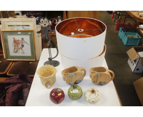 A model of Felix The Cat; a Sylvac vase; a pair of Studio Pottery vases; two lightshades and three Sylvac pots and covers