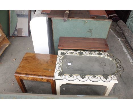 A folding card table, hardwood shelf, a coffee table, a white painted side table and a wrought iron framed mirror 