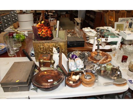 A collection of various wooden and metal ware to include copper bed warming pan, silver plated candelabra, brass magazine rac