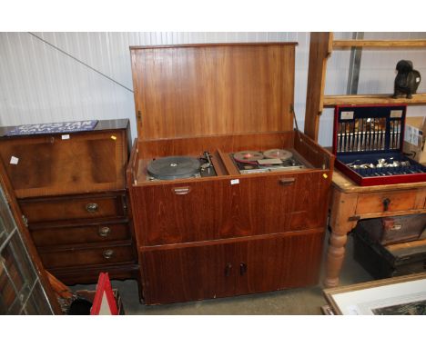 A record cabinet containing Thorens turntable and a Sony stereo tape recorder