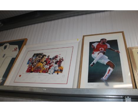 A limited Edition Arsenal print together with a framed print of Arsenal FC Premier League Champions and FA cup winners 1998