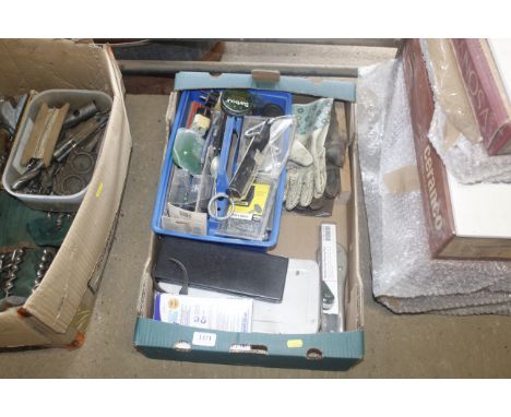 A box of various hand tools including a micrometrer