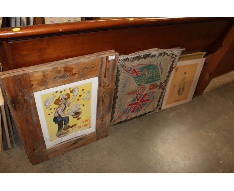 Two pine framed prints of clowns; a tapestry of Devonshire Regiment and a quantity of various prints