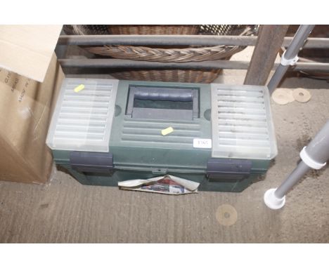 A plastic tool box with contents of tools