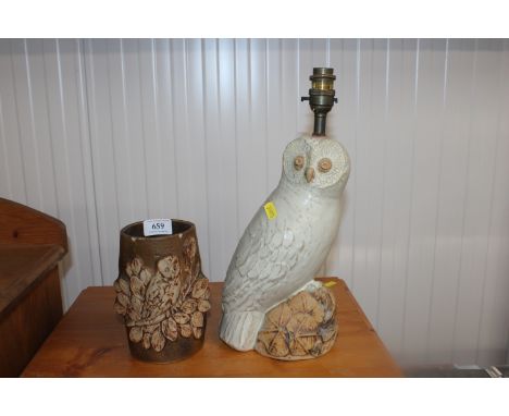 A Bernard Rooke table lamp in the form of an owl together with a Bernard Rooke vase decorated with owls 