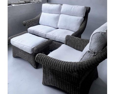 CONSERVATORY SUITE, Ralph Lauren style woven rattan patterned with scroll detail and complete set of cushions including sofa 