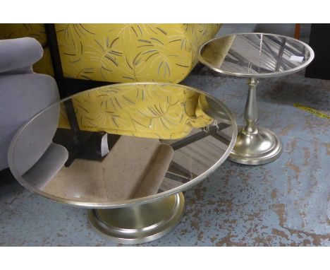 LOW TABLES, a set of two, mirrored and circular, 80cm x 39cm H and a lamp table to match, 50cm x 49cm H. (2) 