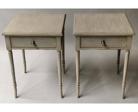 BEDSIDE LAMP TABLES, a pair, grey painted each with a frieze drawer and swept supports, 39cm x 39cm x 55cm H. (2) 