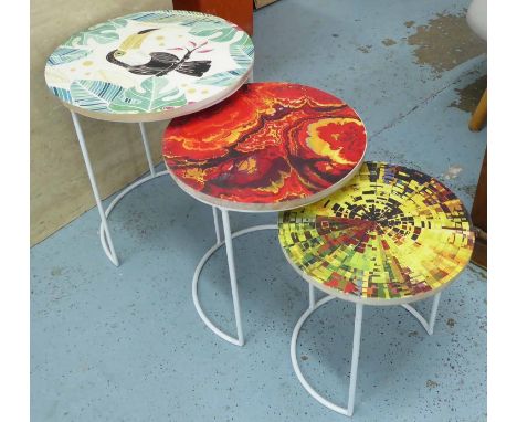 NEST OF TABLES, two sets of three, tropical print, 46cm x 41.5cm Diam. (6) (slight faults) 