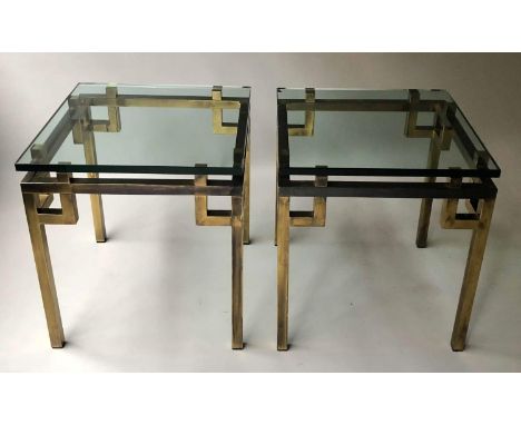 LAMP/OCCASIONAL TABLES, a pair, circa 1970 maison Jansen attributed gilt metal and stepped with square plate glass tops, 46cm